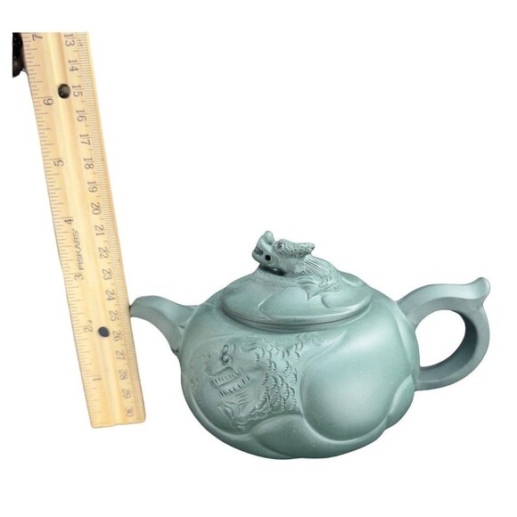 Chinese Yixing Zisha Green Clay Teapot Marked Pottery Dragon Serpent Tongue Out - Picture 2 of 16